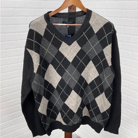 Club Room Sweater Mens XLarge Black Gray Argyle Lambswool Relaxed Classic Preppy - Picture 1 of 11